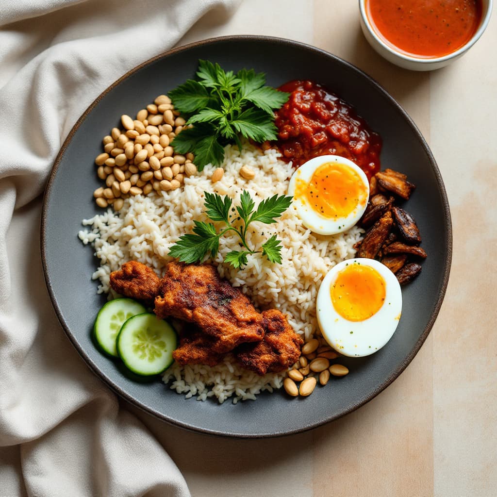 Nasi Lemak with Coconut Rice, Sambal & Fried Chicken