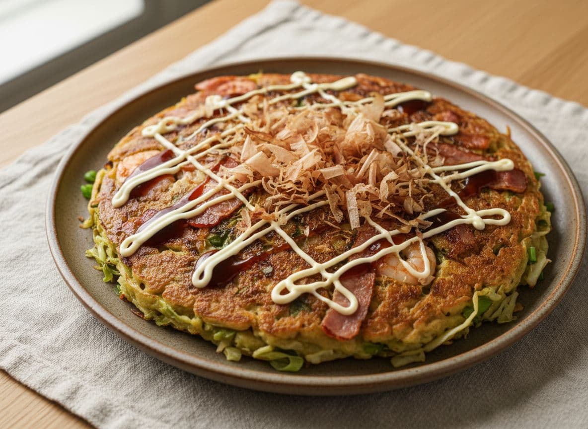 Okonomiyaki with Bacon, Prawns and Bonito
