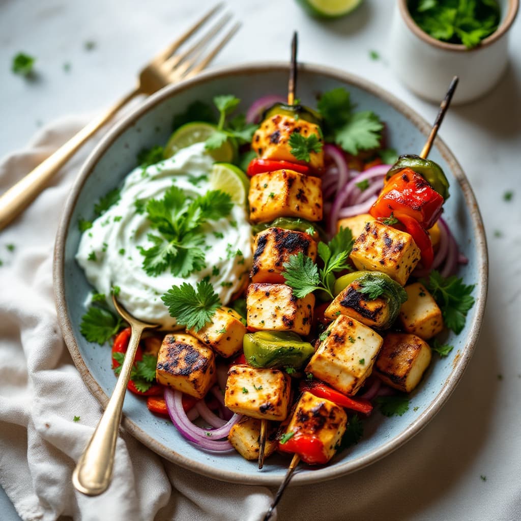Paneer Tikka Skewers with Mint Yoghurt