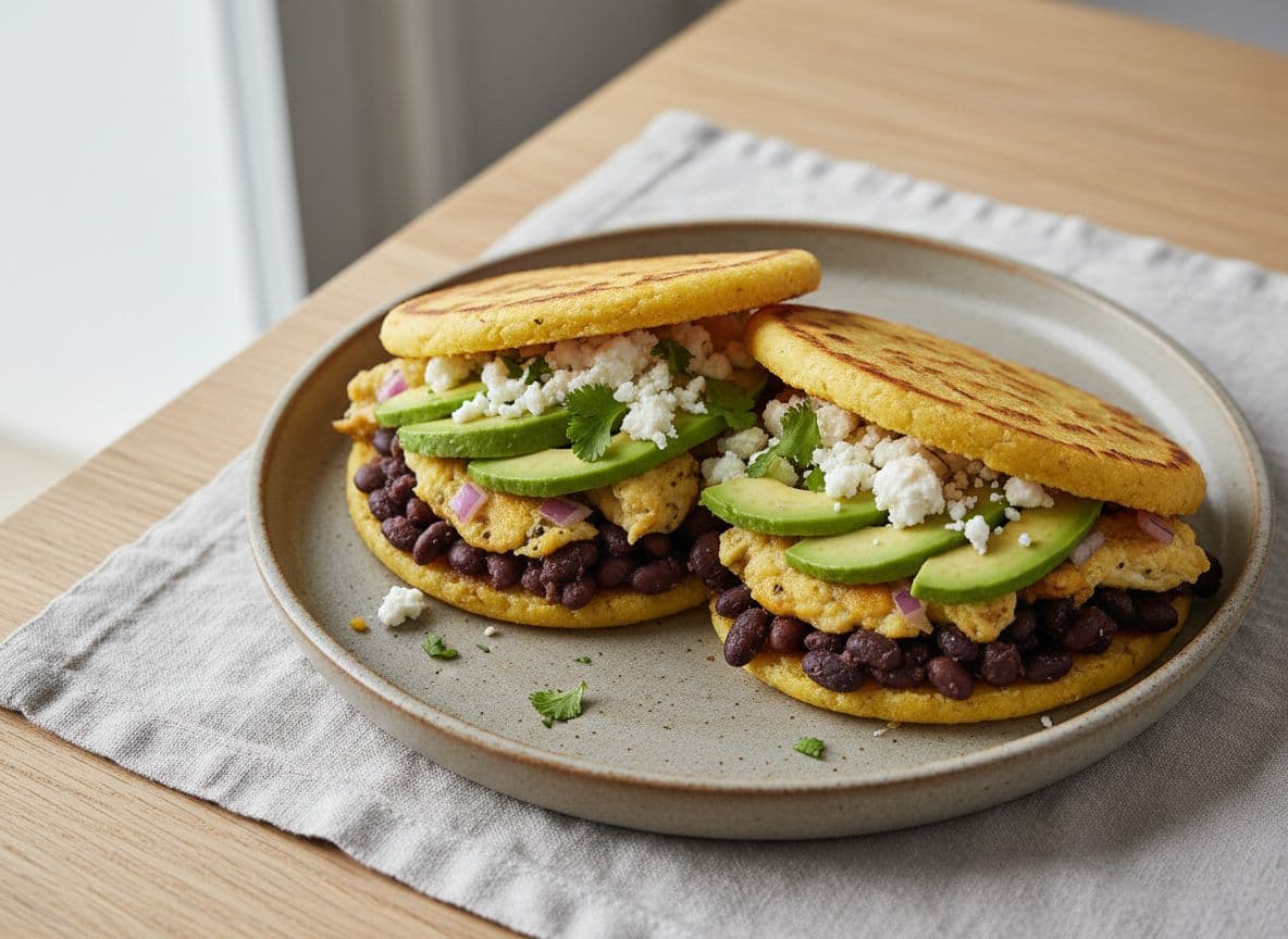 Peruvian Arepas with Black Beans, Avocado and Queso Fresco