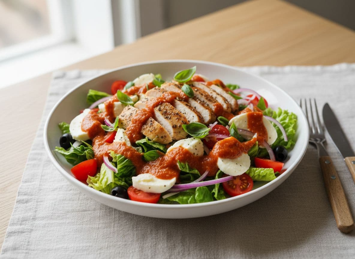 Pizza Salad with Chicken and Tomato Parmesan Vinaigrette