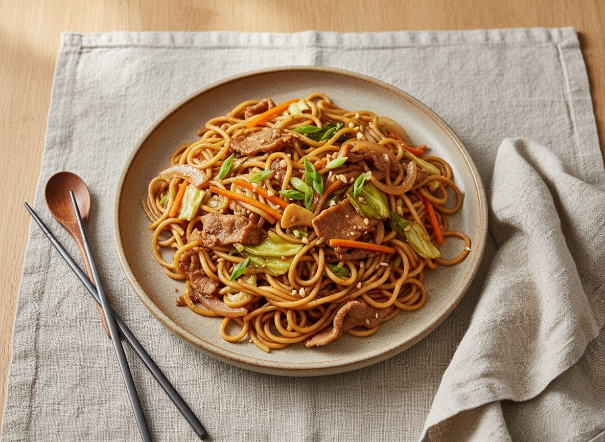 Pork & Cabbage Yakisoba with Tangy Sauce