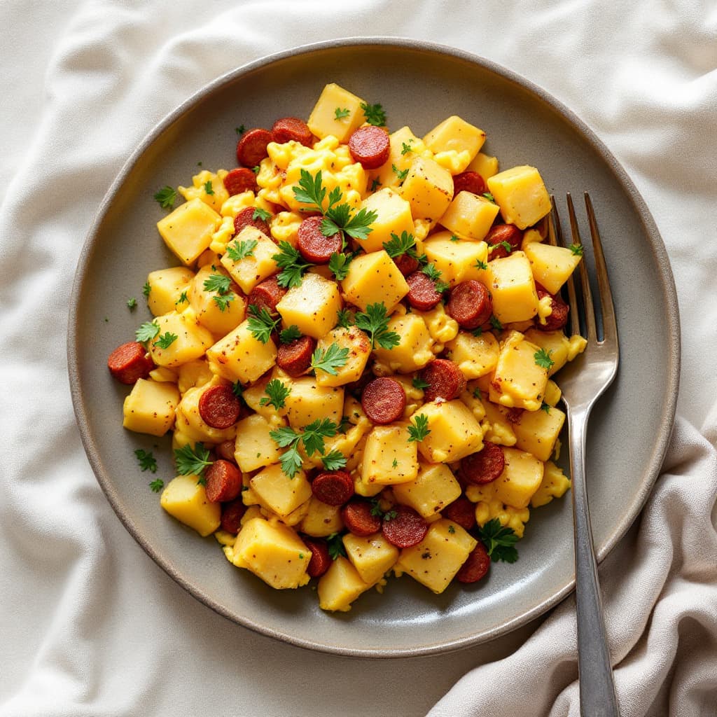 Portuguese Scrambled Eggs with Chorizo, Potato and Parsley