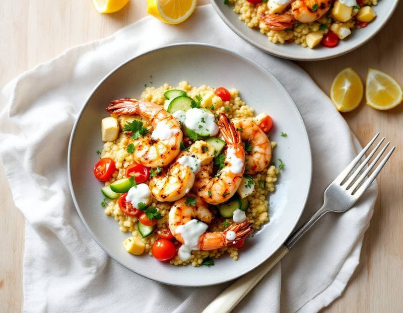 Prawn and haloumi souvlaki bowls with lemony couscous