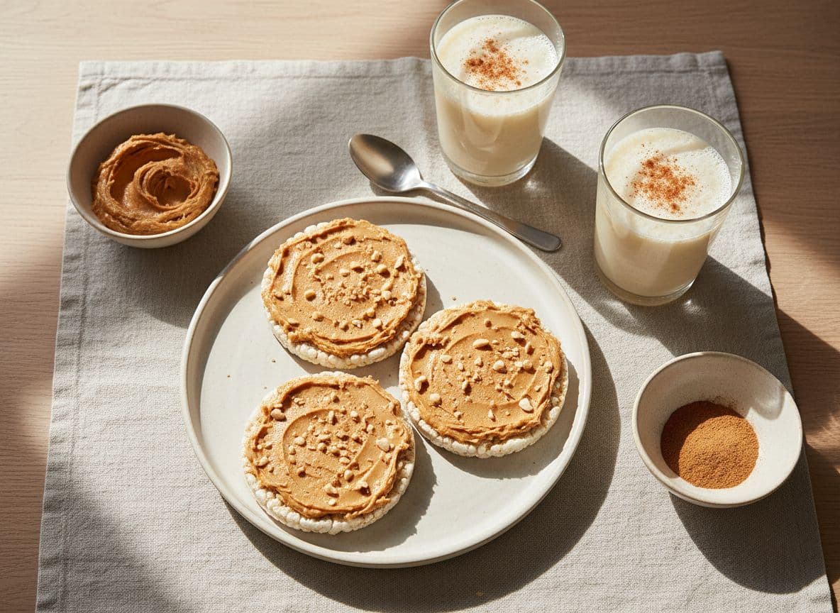 Peanut Butter Rice Cakes with a Vanilla Protein Shake