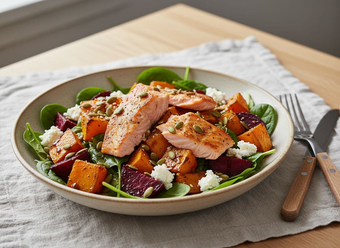 Roast Pumpkin and Beetroot Salad with Salmon