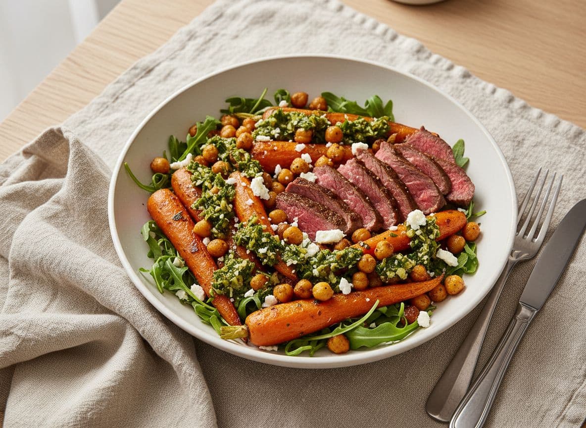 Roasted Carrot and Chickpea Salad with Steak and Chimichurri