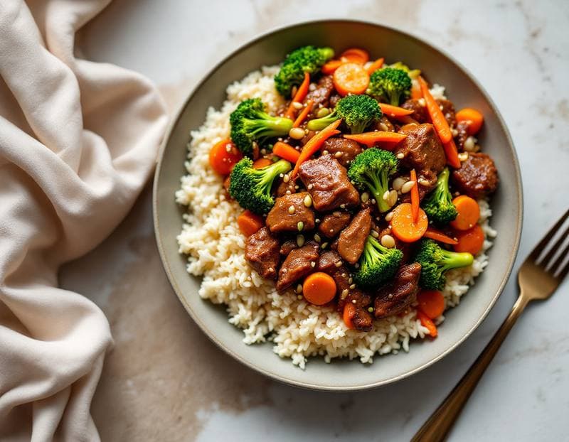 Sichuan-style beef & broccoli stir-fry with jasmine rice