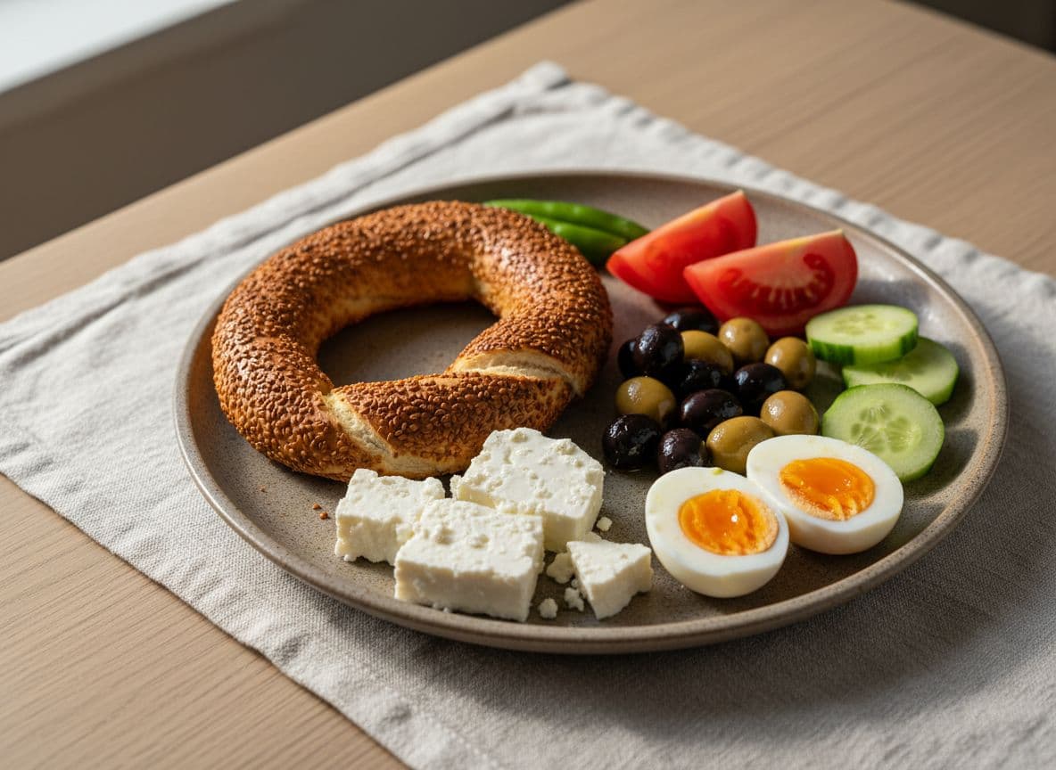 Simit Breakfast Plate with White Cheese, Olives, Tomato and Egg