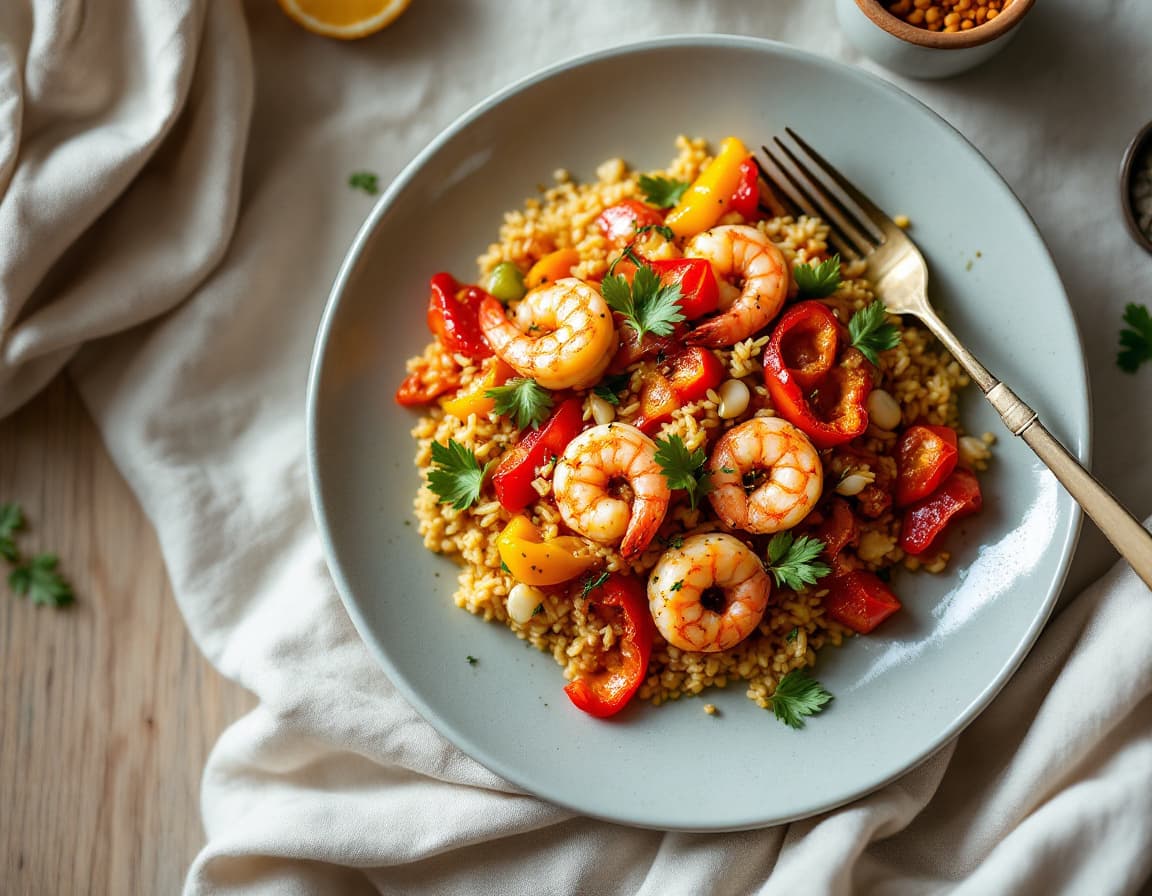 Simple Spanish Paella with Shrimp & Bell Peppers