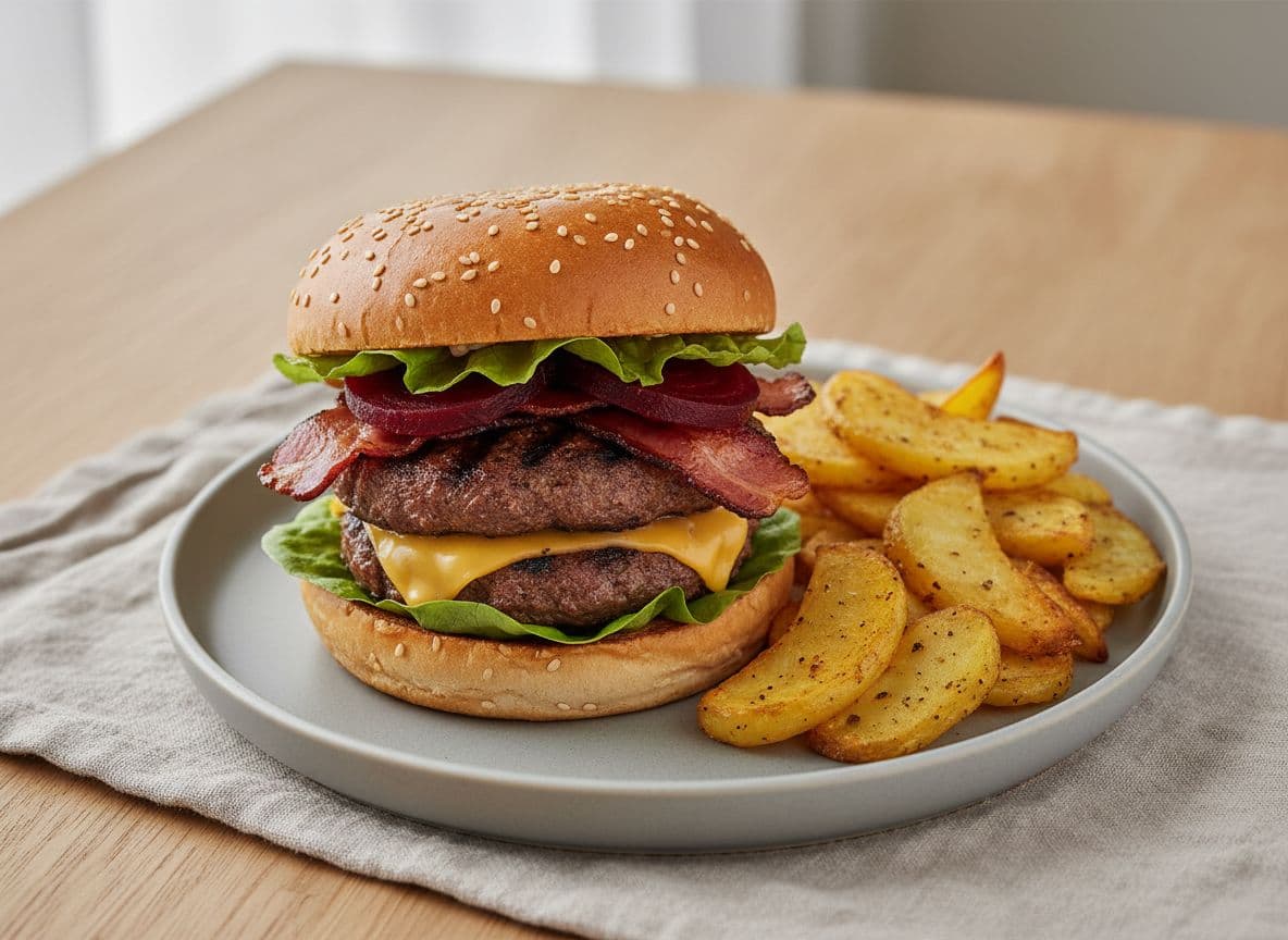 Smoky beef and beetroot burgers with oven chips