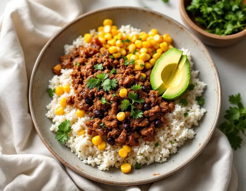 Smoky beef and rice burrito bowls
