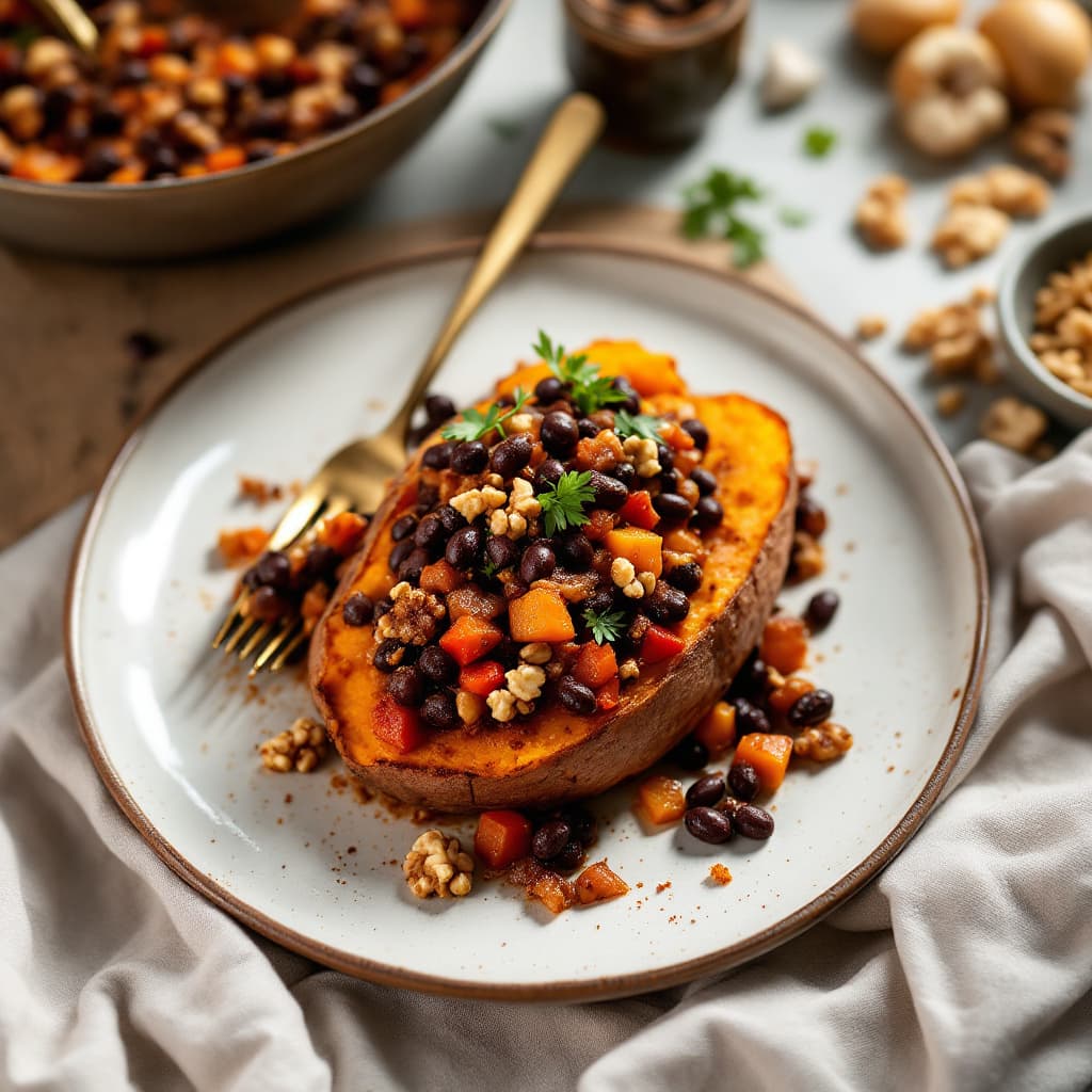 Smoky Black Bean & Walnut Chilli with Baked Sweet Potato
