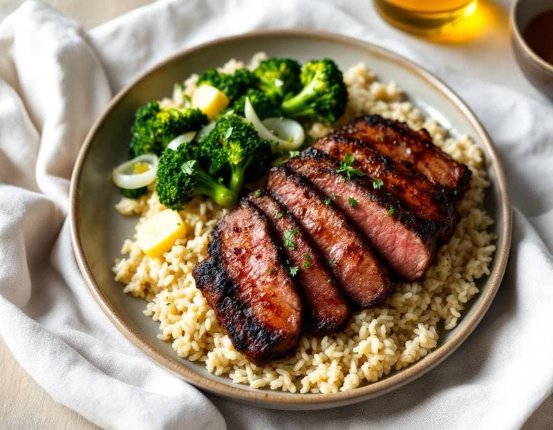 Smoky Brazilian rump cap with garlic rice and greens