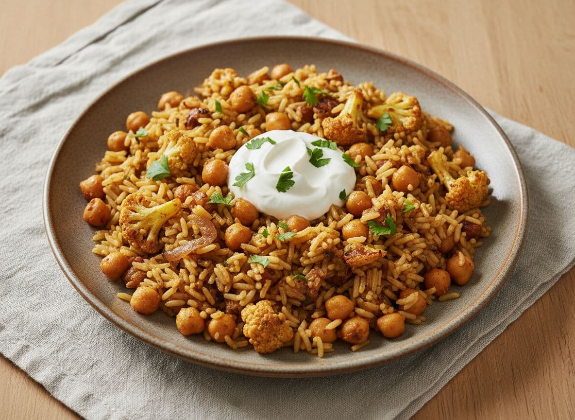 Spiced chickpea and cauliflower rice pilaf
