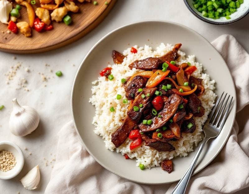 Sticky Chinese black pepper beef with fluffy rice