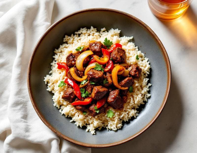 Sticky Chinese black pepper beef with jasmine rice