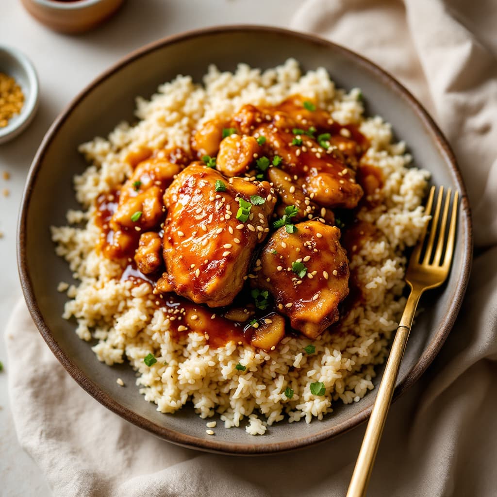 Sticky honey-garlic chicken bowls with sesame rice and quick pickles