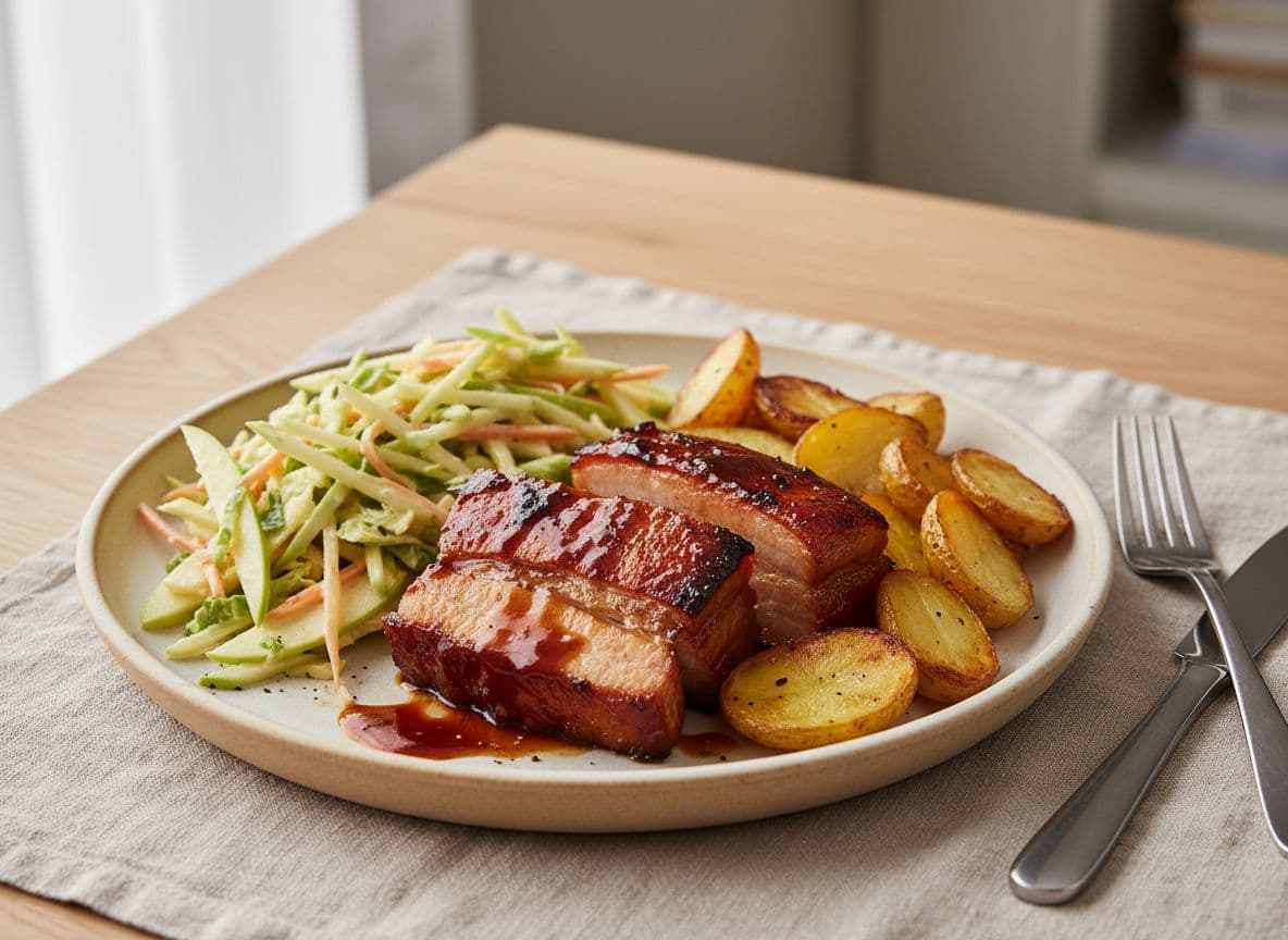 Sticky Pork Belly with Apple Slaw & Roasted Kipflers