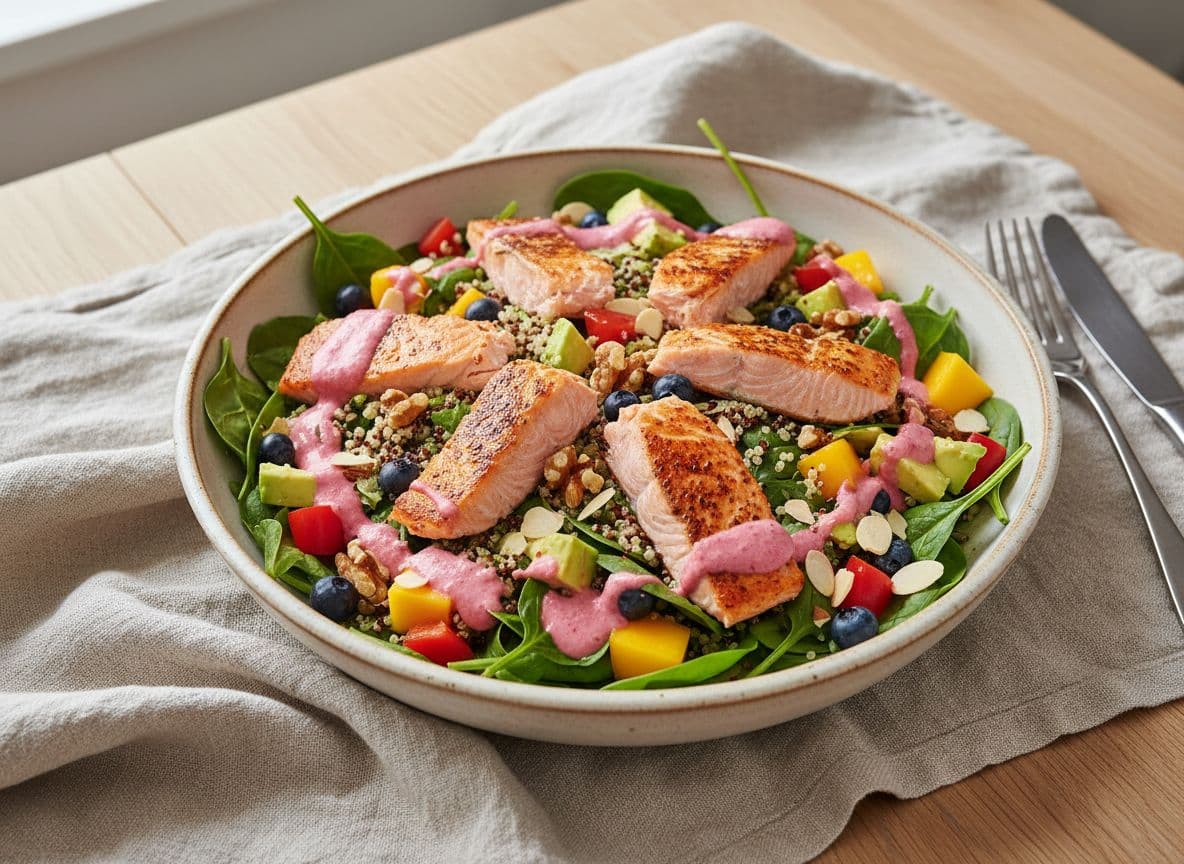 Superfood Brain-Booster Salad with Salmon and Raspberry Vinaigrette