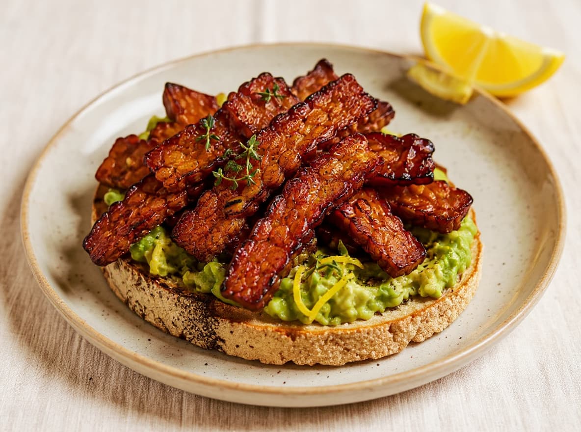 Tempeh Bacon with Smashed Avocado on Sourdough