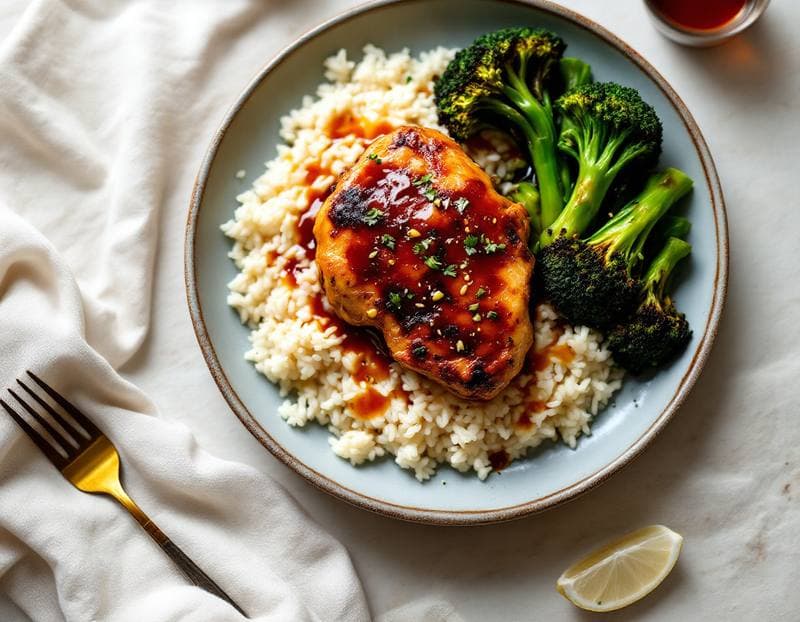 Teriyaki chicken rice bowls with charred greens