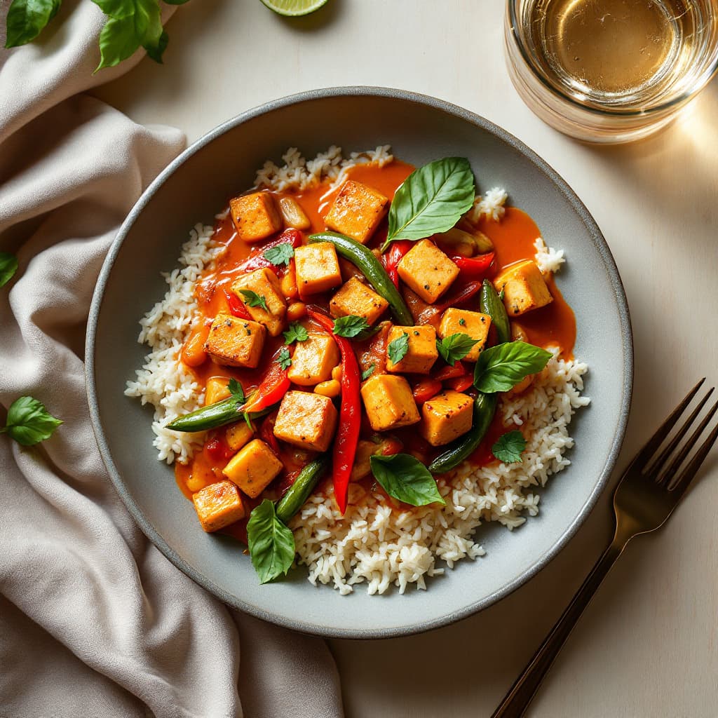 Thai red curry with tofu and jasmine rice