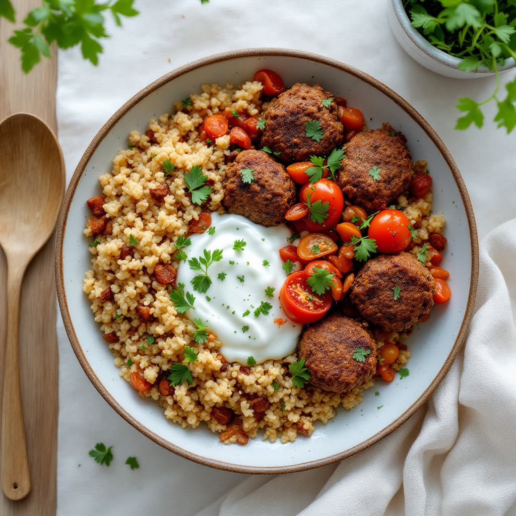 Turkish Kofte with Bulgur Pilaf and Yoghurt