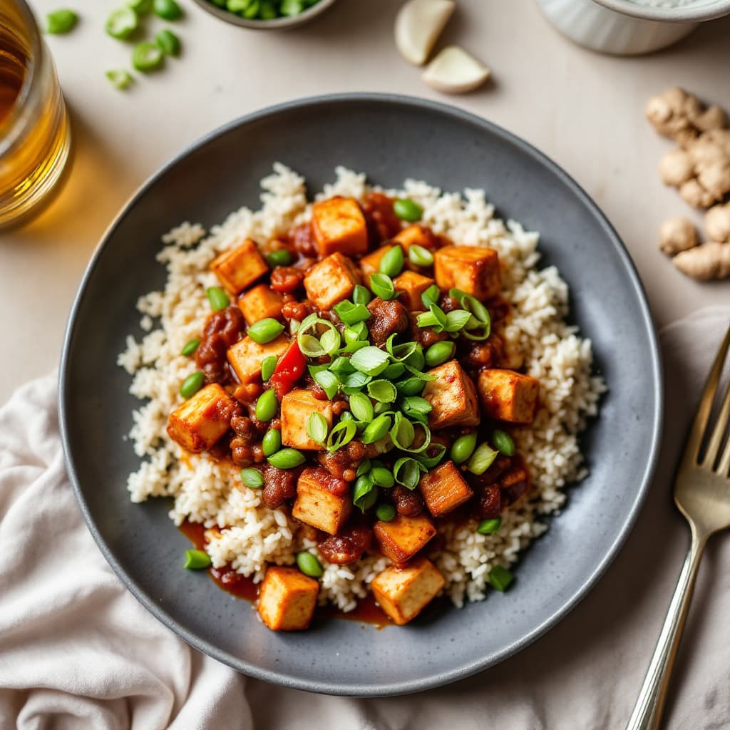 Vegan Sichuan Mapo Tofu with Edamame & Rice