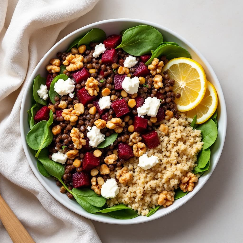Warm Roast Beetroot, Lentil & Goat Cheese Salad with Walnuts