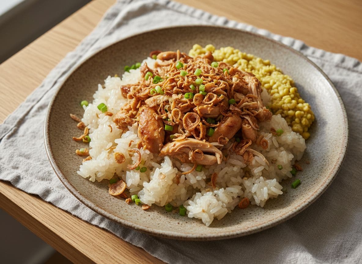 Xoi Man - Vietnamese Sticky Rice with Chicken, Mung Bean and Fried Shallot